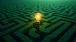 © Alex Pios - A glowing lightbulb sits at the center of a sprawling, green maze, symbolizing an idea or solution within a complex problem