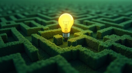 a glowing lightbulb sits at the center of a sprawling, green maze, symbolizing an idea or solution w