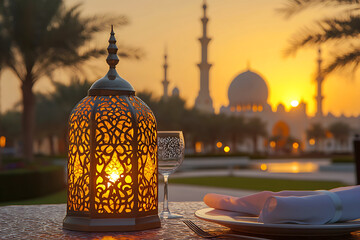 Islamic ramadan kareem celebration lantern with beautiful bokeh lights in the background.