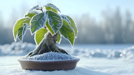 A bonsai tree, its leaves covered in frost, superimposed on a winter landscape. This image symbolizes the ability to endure harsh conditions. Double Exposure.[Bonsai]:[The Struggle of Life and 