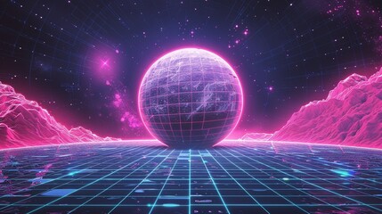 Poster - Neon grid world with retro-futuristic sphere 3d rendering image. Cosmic digital landscape background wallpaper colorful realistic. Virtual reality terrain. Y2k retrowave concept idea