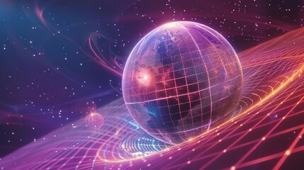 Poster - Neon globe amidst cosmic grid starry space 3d rendering image. Futuristic sphere digital landscape background wallpaper colorful realistic. Virtual reality. Y2k retrowave concept idea