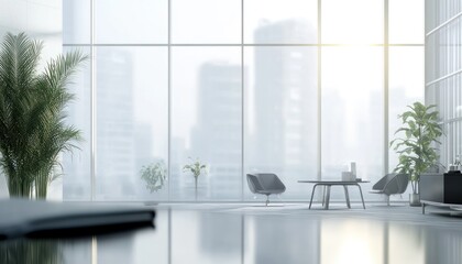 Poster - Modern Office Interior with Large Windows and City View