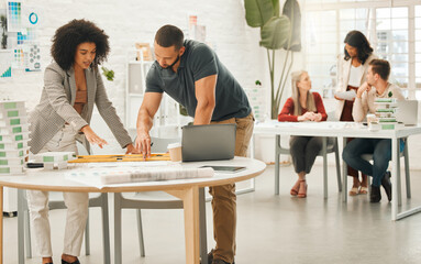 Poster - Collaboration, documents and model with architect people in office together for building or construction. Blueprints, laptop or planning with man and woman property developer team in workplace
