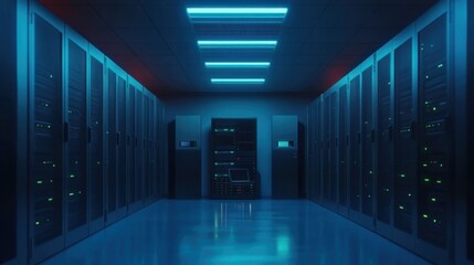 Poster - Rackmount LED console in server room data center - 3D illustration