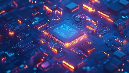 Poster - Vibrant microchip circuit board illuminated with glowing lights in a high-tech environment
