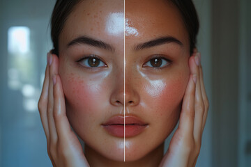 Wall Mural - The concept of skin care before and after. Young woman close up portrait. Comparison of the result