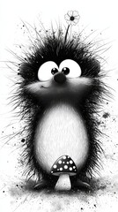 Wall Mural -  a black and white cartoon hedgehog with a flower in its mouth and a mushroom in front of it, set against a white background