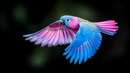 Poster -  a blue and pink parrot flying through the air with its wings spread wide, its feathers glistening in the sunlight The background is a deep black, providing a stark