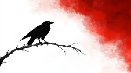 Wall Mural -  a black crow perched atop a tree branch against a red and white background