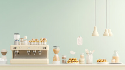 Vintage coffee machine in cozy bakery with pastries and decor, illustration