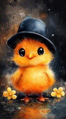 Poster -  a cute little yellow chick wearing a black hat, surrounded by two yellow flowers, against a black background