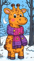 Poster -  a cartoon giraffe wearing a purple scarf standing in the snow, surrounded by trees and a starry night sky with a moon in the background