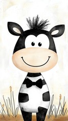 Poster -  a cartoon cow with a black and white striped body, a black bow tie, and a mohawk on its head, standing in a grassy field with a white background