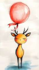 Poster -  a cute deer with a red balloon in its mouth, painted in a combination of yellow, orange and blue colors against a white background