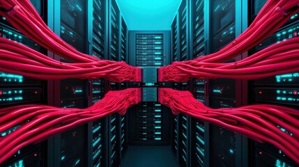 Poster - A vast network of interconnected servers and data cables in a modern data center, representing the backbone of internet infrastructure and cloud computing.