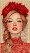 © Albert - a woman with long blonde hair wearing a red dress and a flower crown on her head She has a peaceful expression on her face and her eyes are closed, giving her a se