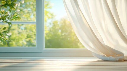 Poster - Close-up of a white curtain billowing inwards through an open window, illuminated by soft, natural light, creating a sense of peace and tranquility.