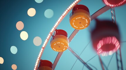 Poster - A Ferris wheel illuminated at night, its lights blurring into circles of color as it rotates, creating a sense of movement and festivity.
