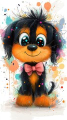 Poster -  a cute cartoon dog with a pink bow tie sitting on a white background The dog is black, brown and orange in color, and the background is filled with colorful paint