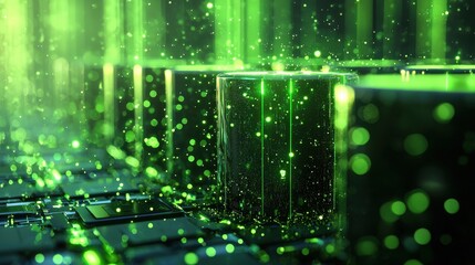 Fototapete - A futuristic digital landscape featuring glowing green elements, resembling data streams and technology, set against a dark background.