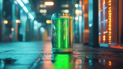 Poster - A glowing green can stands in a dimly lit urban setting, reflecting light off the wet pavement, creating a vibrant, atmospheric scene.