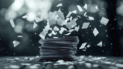 Poster - A stack of papers scattering in the wind, some flying through the air while others remain grounded, creating a sense of chaos and disorder.