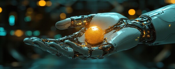 Poster - A futuristic robotic hand delicately holds a glowing golden orb, surrounded by soft blue and orange lights in a high-tech environment.