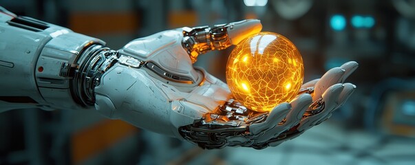 Poster - A futuristic robotic hand holds a glowing, orange orb, symbolizing advanced technology and artificial intelligence.