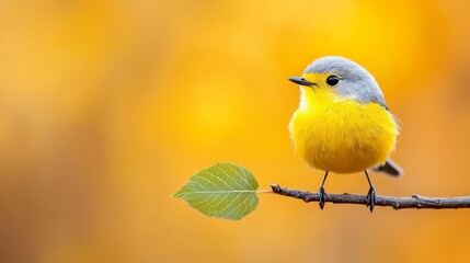 Wall Mural -  a small yellow and gray bird perched atop a tree branch with a green leaf The background is slightly blurred, giving the bird a sense of focus and prominence