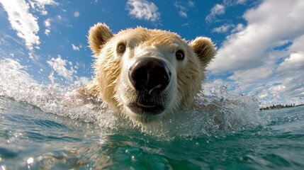  a polar bear swimming in the water with its mouth open, surrounded by trees and a sky with clouds in the background