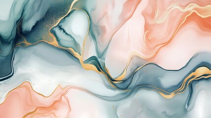 Poster - Soft watercolor texture with flowing shades of blue, peach, and gold highlights creating an abstract design