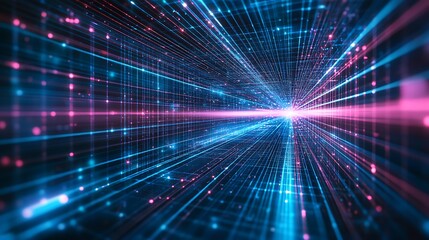 Poster - Futuristic grid design with neon blue and pink lights illuminating a digital landscape