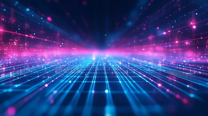 Fototapete - Futuristic neon grid concept showcasing vibrant blue and pink light patterns in a digital space