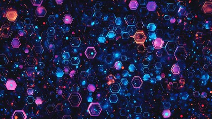Poster - Vibrant digital pattern featuring neon blue and purple hexagons on a dark background