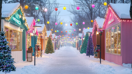 Poster - Charming stalls adorned with lights line a snowy pathway, creating a festive atmosphere for holiday shoppers