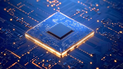 Aufkleber - Close-up view of a microchip on a blue circuit board showcasing intricate electronic connections and design