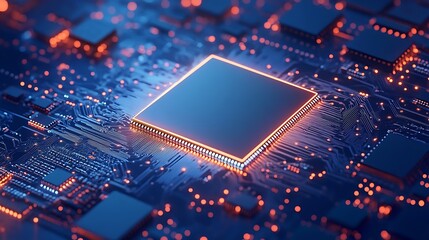 Poster - Close-up view of a blue circuit board with glowing microchips and intricate designs showcasing modern technology