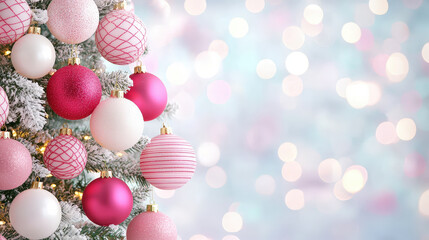 Poster - A Christmas tree decorated with pink and white ornaments stands in front of a softly illuminated background, creating a festive atmosphere