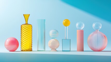 Poster - A still life photograph of glass objects arranged on a table, with light refracting through them to create colorful patterns and reflections.