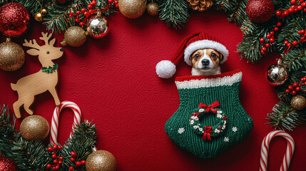 Poster - A small puppy peeks out from a knitted holiday stocking, surrounded by ornaments and decorated foliage on a red background