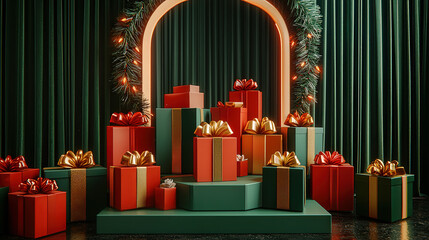 Poster - A vibrant arrangement of wrapped presents in red, green, and gold, set against a rich green backdrop, creating a festive holiday atmosphere