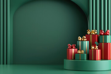 Poster - A collection of vibrant gift boxes in red and green with golden ribbons is arranged on a circular stand against a rich green background