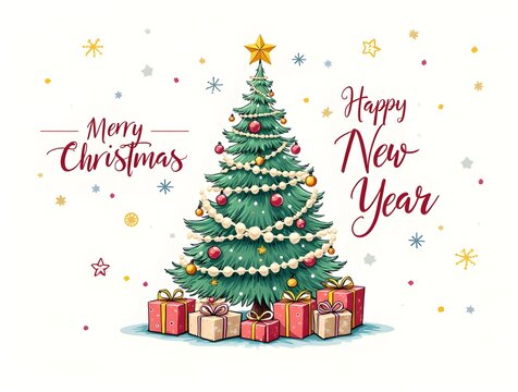 Merry Christmas tree and Happy New Year greeting card Illustration