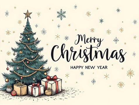 Merry Christmas tree and Happy New Year greeting card Illustration