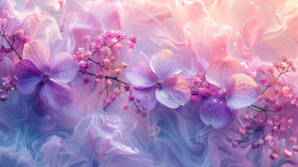 Poster - Vibrant flowers bloom with delicate petals, set against a swirling pastel backdrop that evokes a tranquil garden atmosphere
