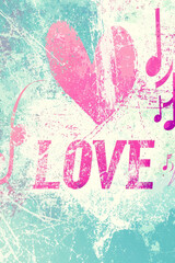 Aufkleber - Bright and artistic word love in bold pink with musical notes on a textured, vibrant background