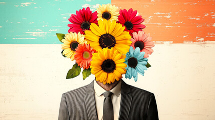 Poster - A man stands wearing a suit with a vibrant bouquet of flowers instead of a head against a bright, painted backdrop