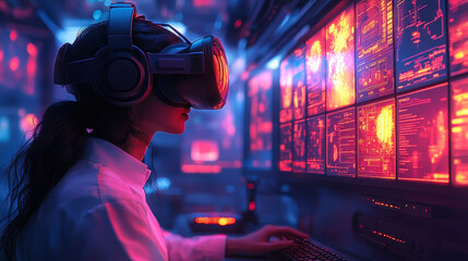 Poster - immersive virtual reality office space with avatars and futuristic digital tools