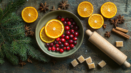 Poster - Fresh cranberries and bright orange slices are surrounded by spices and sugar cubes on a textured surface, perfect for holiday preparations